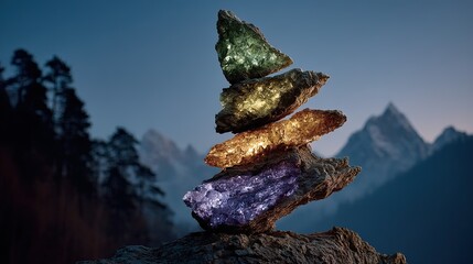 Stacked glowing rocks on a cliff with blurred mountains and trees background.