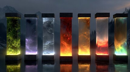 Seven pillars display various elemental effects against a blurred outdoor background.