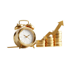 Golden clock & coin stacks with up arrow on black background