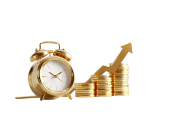 Golden clock & coin stacks with up arrow on black background