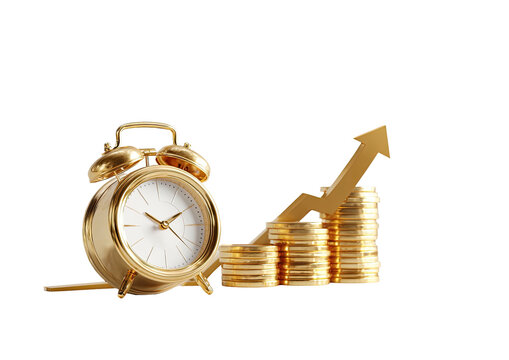 Golden clock & coin stacks with up arrow on black background