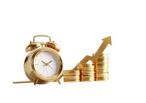 Golden clock & coin stacks with up arrow on black background