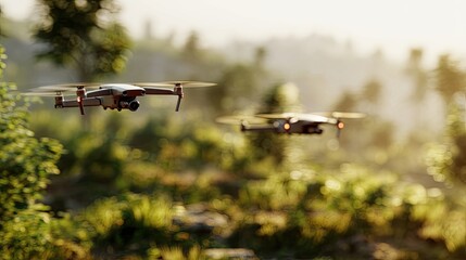 Two Drones Flying Over Forest Landscape At Sunrise