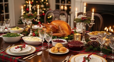 Festive dining table beautifully arranged with a golden roasted turkey, side dishes, and elegant glassware, creating a warm holiday atmosphere for family gatherings