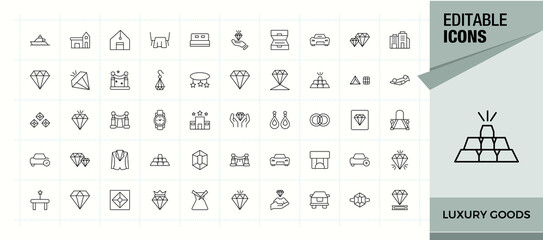 Luxury Goods line icon set. Fashion linear icon set. Thin web icons. Contain linear symbols beauty, goods, fashion, element, product and more. Vector illustration in modern line style.