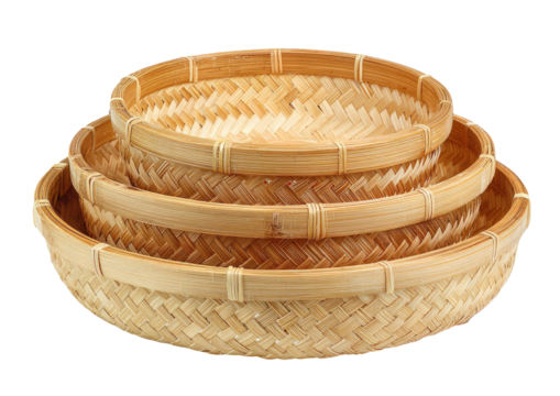 Stacked woven baskets, nested, varying size, circular form