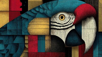 Colorful mosaic style illustration of a parrot head with geometric shapes.
