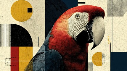 Colorful parrot portrait against abstract geometric background with circles and rectangles.