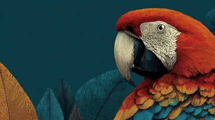 A colorful macaw parrot with red orange and blue feathers against a dark background.