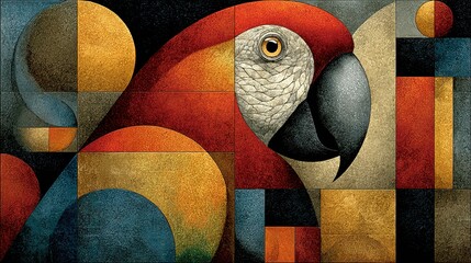 Abstract geometric parrot art featuring red yellow blue and black colors.