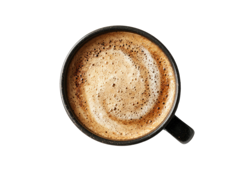 Coffee with foamy swirl in black mug, viewed from overhead