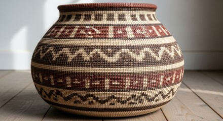 Handcrafted woven basket featuring intricate geometric patterns in earthy tones, showcasing traditional craftsmanship and cultural artistry in a well-lit interior setting