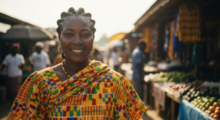 African woman wearing colorful traditional attire, smiling confidently in a vibrant market setting, surrounded by fresh produce and bustling activity, showcasing cultural richness and community spirit