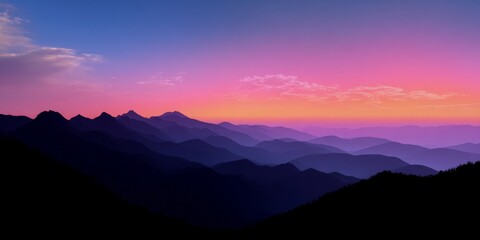 Obraz premium Wide abstract landscape of layered mountains at sunset with silhouettes