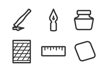 Set of stationery icons: pen nib, ink bottle, ruler, eraser, paper, and brush.