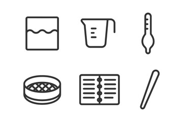 Minimalist culinary icons collection: measuring, cooking, and baking tools.