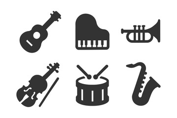 Silhouette icons of musical instruments: guitar, piano, trumpet, violin, drums, saxophone.