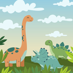 Naklejka premium Cute cartoon dinosaurs in a prehistoric landscape with a long-necked brachiosaurus, a triceratops, and a stegosaurus under a cloudy sky.