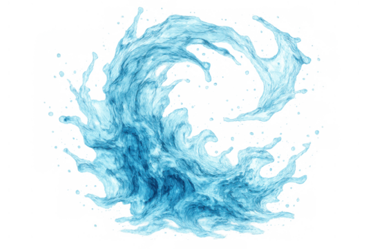 Water splash with blue liquid swirling, forming an abstract wave and dynamic motion on transparent background