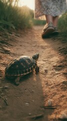 Obraz premium Tortoise walking on dirt path with girl following. Vertical photo