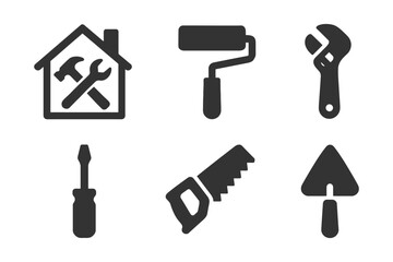 Home repair tools icons: hammer, roller, wrench, screwdriver, saw, trowel.