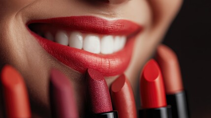 Naklejka premium Woman smiling, choosing red lipstick for beauty makeup