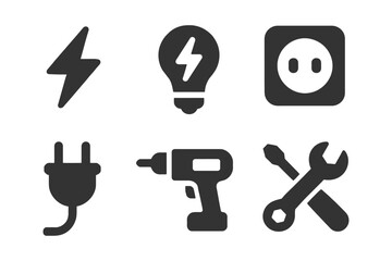 Electrical tools and symbols set: bolt, bulb, outlet, plug, drill, wrench.