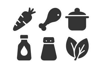 Set of cooking icons: carrot, chicken, pot, sauce, salt, and leaves in black silhouette.