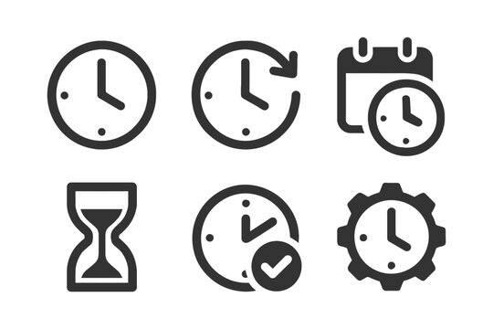 Clock icons set: time, calendar, hourglass, gear.