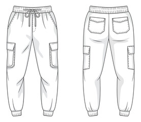 Technical flat vector illustration of men’s jogger cargo pants front and back view with elastic waistband drawstring pockets stitching cuffs for apparel design mockups