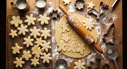 Baking scene featuring rolled cookie dough with various holiday shapes, surrounded by flour, utensils, and freshly cut cookies on a wooden table, capturing festive culinary creativity