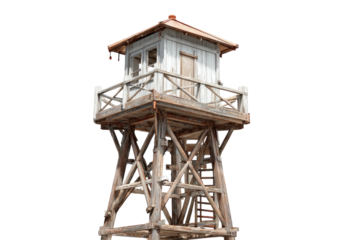 Tall, weathered wooden watchtower against black backdrop