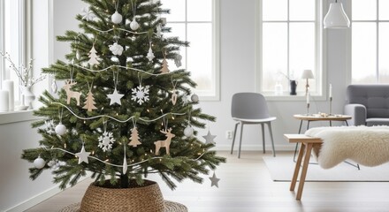 Christmas tree adorned with white and wooden ornaments, surrounded by a cozy living room featuring modern furniture and large windows, creating a festive atmosphere for the holiday season