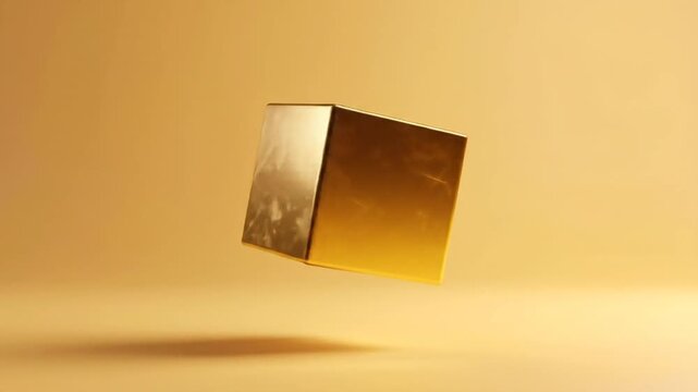 A golden cube floating in the air against a gradient gold background, casting a shadow