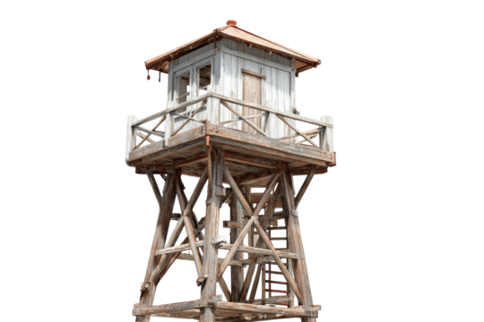 Tall, weathered wooden watchtower against black backdrop