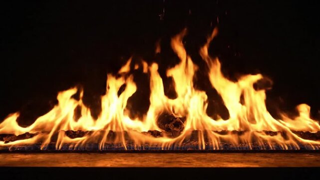 Realistic fire flames burning on dark background close up hot orange flame movement video footage for visual effects fireplace animation and cinematic heat energy design projects
