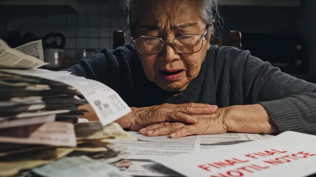 Senior Woman Struggling With Overwhelming Financial Debt and Bills