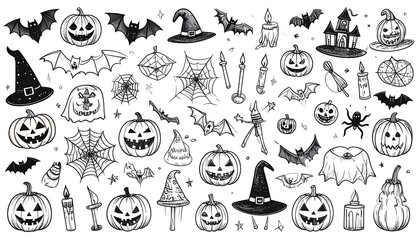 Halloween-themed doodles featuring pumpkins, bats, spiderwebs, ghosts, candles, and witch hats in black and white