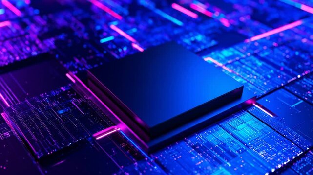 Futuristic digital schematic design with a central rectangular processor unit surrounded by neon light paths