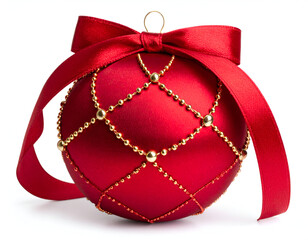 An elegant red satin Christmas bauble decorated with golden beads and a luxurious silk ribbon bow, isolated on a clean white background