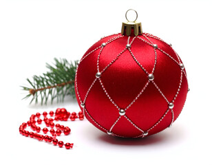 A luxurious ruby red satin Christmas ornament featuring delicate hand-stitched bead embroidery, isolated on a clean white background with a pine sprig