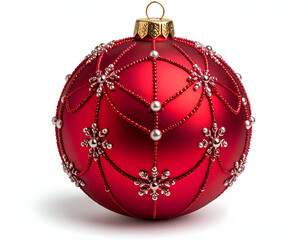 An elegant ruby red Christmas ornament with intricate beaded snowflake embroidery, isolated on a clean white background