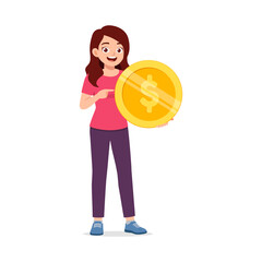 Happy Woman Holding Big Coin and Pointing Financial Saving Illustration Concept