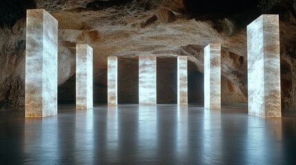 Translucent stone columns glowing in cavernous space create mesmerizing atmosphere