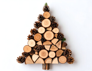 A rustic Christmas tree concept artfully crafted from stacked firewood logs and natural pinecones, isolated on a plain white background