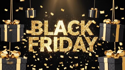 Black Friday sale background with golden text, hanging gift boxes, and falling confetti. A festive shopping event concept for commercial advertising. Animation 4k - Powered by Adobe
