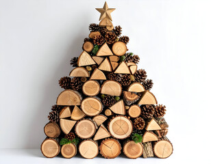 Rustic Christmas Tree Stacked Firewood Logs and Pinecones on White