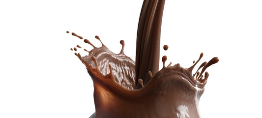 Cocoa stream with crown coffee splash with drops on white background