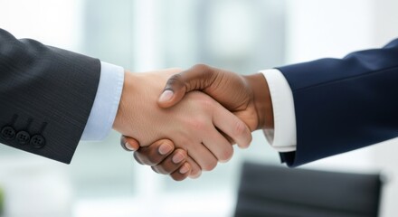 Business professionals, one in a dark suit and the other in a light shirt, are shaking hands in a modern office setting, symbolizing partnership and collaboration in the corporate world