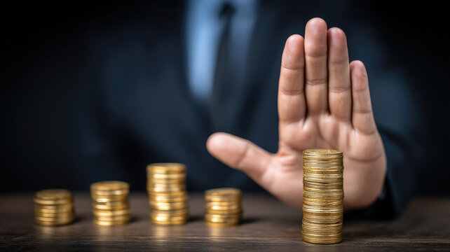 Financial advisor warning about risk, debt, money management, hand gesture stopping stack of gold coin, concept of caution, finance, investment